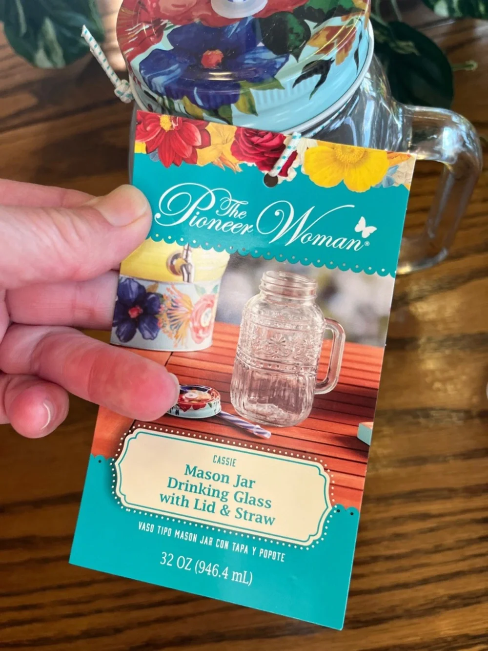 Pioneer Woman Mason Jar Clear with colorful lid and straw Drinking Glass New